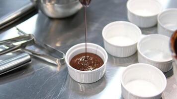chocolate fondant making process. Step by step mixing ingredients close up Cooking chocolate fondant, pouring into molds, process video