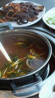 Hot pot is a traditional Chinese fire pot stew also known as steamboat dish in which a heat source is placed on the dining table. keeps a pot of broth on low heat video
