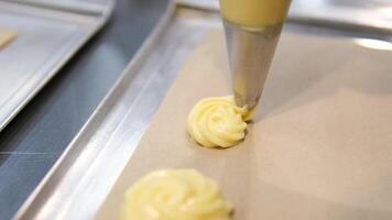 profiteroles dough process of profiterole production. Squeezing the baking dough from the pastry bag. Close up. video