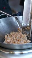 Cook mixes minced meat with spices in a pan with a spatula. mix the minced meat in a frying pan video