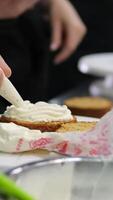 Using a palette knife, decorate a bento cake with a flower made of cream. Selective focus. video