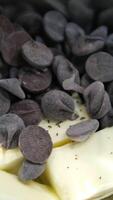 chocolate fondant making process. Step by step mixing ingredients close up Cooking chocolate fondant, pouring into molds, process video