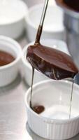 chocolate fondant making process. Step by step mixing ingredients close up Cooking chocolate fondant, pouring into molds, process video