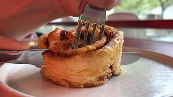 dry yesterday's dried cinnamon roll cut with knife and fork in restaurant not fresh dessert Woman's hand rotates a plate of sinnamon. Curled sweet cake with cream. Close-up, front view. Cinnabon. video
