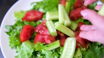 Preparation of the green lettuce, arugula and cucumbers salad in a bowl close up video