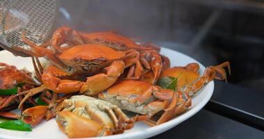 Hands holding a steam cooked crab without top shell. Slow motion. Close up. video