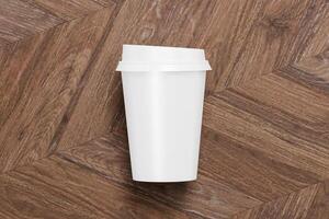 White coffee cup for branding design mockup presentation, minimalist blank rendering close up on aesthetic wooden table photo