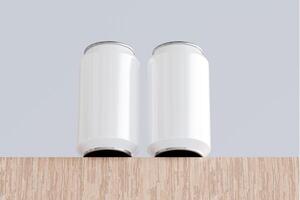 Blank mock-up of an aluminium soda can on wooden with an isolated white background. 3D rendering for showcase product photo