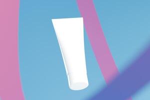 isolated squeeze tube on a pink coloured float, blue background, 3d rendering to show a cosmetic product photo
