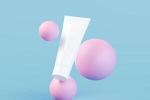 isolated squeeze tube on a pink coloured float, blue background, 3d rendering to show a cosmetic product photo