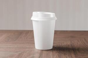 White coffee cup for branding design mockup presentation, minimalist blank rendering close up on aesthetic wooden table photo