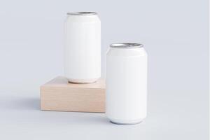 Blank mock-up of an aluminium soda can on wooden with an isolated white background. 3D rendering for showcase product photo