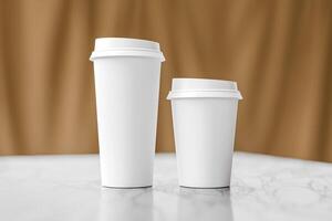 White coffee cup for branding design mockup presentation, minimalist blank rendering close up on aesthetic marble table photo