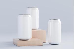 Blank mock-up of an aluminium soda can on wooden with an isolated white background. 3D rendering for showcase product photo