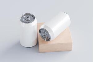 Blank mock-up of an aluminium soda can on wooden with an isolated white background. 3D rendering for showcase product photo