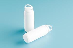 White sport tumblers with a minimalist design on a blue background, Vacuum insulated with a round handle that is comfortable to hold. perfect for walking or travelling. 3d rendering to showcase photo