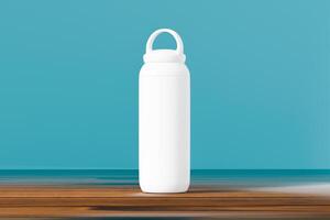 White sport tumblers with a minimalist design on a blue background, Vacuum insulated with a round handle that is comfortable to hold. perfect for walking or travelling. 3d rendering to showcase photo