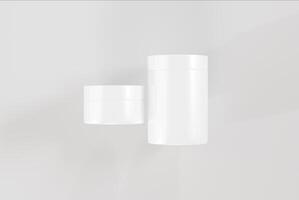 3D Collection of Cream Jars on White Background Realistic Mockups of Cosmetic Containers, Plastic or Glass with Lids, Blank for Branding photo