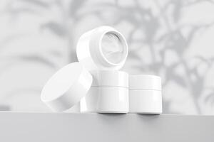 White cosmetic jar mockup with cap, Blank Jar Packaging 3d rendering isolated on light background photo