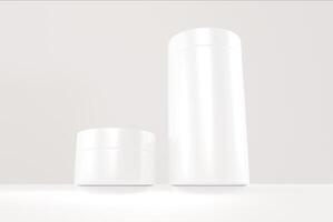 3D Collection of Cream Jars on White Background Realistic Mockups of Cosmetic Containers, Plastic or Glass with Lids, Blank for Branding photo