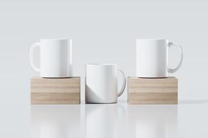 Mock-up of an empty white cup on a wooden podium with a white background. 3D rendering for product display photo