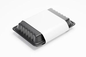 Empty black plastic disposable take out container 3d rendering isolated mockup white background photo