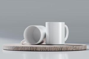 Mock-up of an empty white cup on a wooden podium with a white background. 3D rendering for product display photo