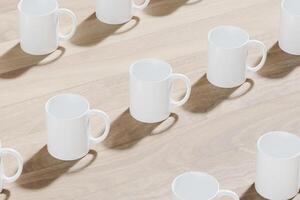 Mock-up of an empty white cup on a wooden podium with a white background. 3D rendering for product display photo