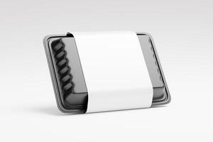 Empty black plastic disposable take out container 3d rendering isolated mockup white background photo