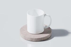Mock-up of an empty white cup on a wooden podium with a white background. 3D rendering for product display photo