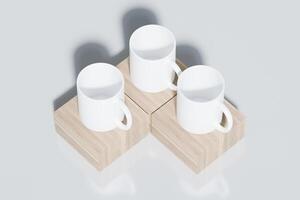 Mock-up of an empty white cup on a wooden podium with a white background. 3D rendering for product display photo