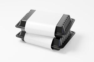 Empty black plastic disposable take out container 3d rendering isolated mockup white background photo
