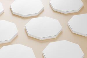 Stacked octagon pizza boxes with 3d abtrack with closed box front view. Beige coloured background Isolated white object, perfect for displaying product brand. 3d rendering of the highest quality photo