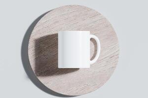 Mock-up of an empty white cup on a wooden podium with a white background. 3D rendering for product display photo