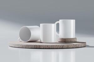 Mock-up of an empty white cup on a wooden podium with a white background. 3D rendering for product display photo