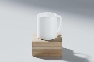 Mock-up of an empty white cup on a wooden podium with a white background. 3D rendering for product display photo