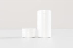 3D Collection of Cream Jars on White Background Realistic Mockups of Cosmetic Containers, Plastic or Glass with Lids, Blank for Branding photo