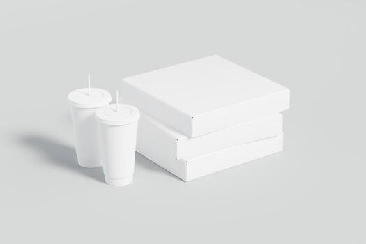 Square pizza boxes in half open and closed state with front view to showcase food products with white background theme, your product branding and 3d rendering illustration isolated photo