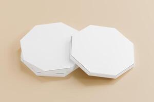 Stacked octagon pizza boxes with 3d abtrack with closed box front view. Beige coloured background Isolated white object, perfect for displaying product brand. 3d rendering of the highest quality photo