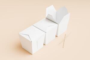 Set of food box isolated laying down behind white blank color on solid beige background with wood chopstick single use disposable packaging for mock-up 3D rendering photo