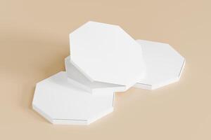 Stacked octagon pizza boxes with 3d abtrack with closed box front view. Beige coloured background Isolated white object, perfect for displaying product brand. 3d rendering of the highest quality photo