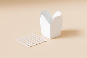 Set of food box isolated laying down behind white blank color on solid beige background with wood chopstick single use disposable packaging for mock-up 3D rendering photo