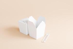 Set of food box isolated laying down behind white blank color on solid beige background with wood chopstick single use disposable packaging for mock-up 3D rendering photo