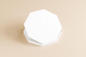 Stacked octagon pizza boxes with 3d abtrack with closed box front view. Beige coloured background Isolated white object, perfect for displaying product brand. 3d rendering of the highest quality photo