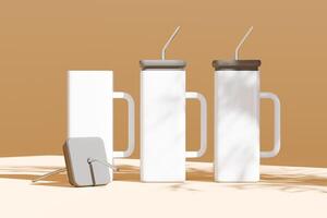 Custom glass coffee cups, white square glass cups with black rubber lids and iron straws on a beige background with leaf images on the glass cups. 3D rendering for product display photo