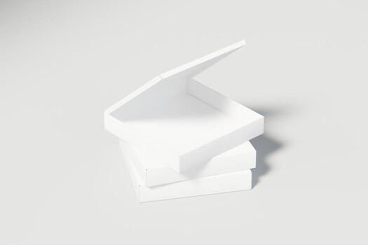 Square pizza boxes in half open and closed state with front view to showcase food products with white background theme, your product branding and 3d rendering illustration isolated photo