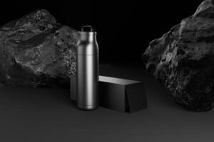 Black thermos flask Reusable water bottle for trekking isolated on white background 3D rendering photo
