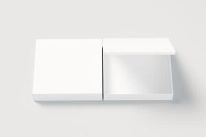 Square pizza boxes in half open and closed state with front view to showcase food products with white background theme, your product branding and 3d rendering illustration isolated photo