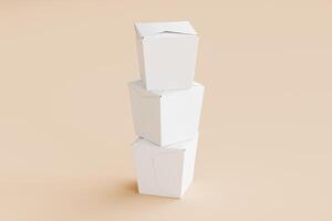 Set of food box isolated laying down behind white blank color on solid beige background with wood chopstick single use disposable packaging for mock-up 3D rendering photo