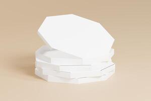 Stacked octagon pizza boxes with 3d abtrack with closed box front view. Beige coloured background Isolated white object, perfect for displaying product brand. 3d rendering of the highest quality photo
